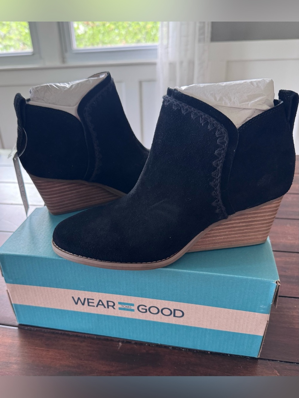 TOMS Black Suede Wedge Ankle Booties NWT 7.5